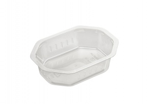 Ceci est un plateau transparent en APET de forme octogonale, doté d’un grand compartiment unique. La surface brillante et transparente offre une excellente visibilité, idéale pour mettre en valeur le contenu. Les côtés sont légèrement inclinés avec des rainures verticales, ajoutant à la fois de la solidité structurelle et une touche de design subtil. Le fond plat et encastré assure stabilité et praticité. Le rebord large comprend des bords légèrement arrondis, augmentant la durabilité et la facilité de manipulation. La transparence offre une apparence propre et moderne, avec un minimum de marquages pour un design élégant et fonctionnel.